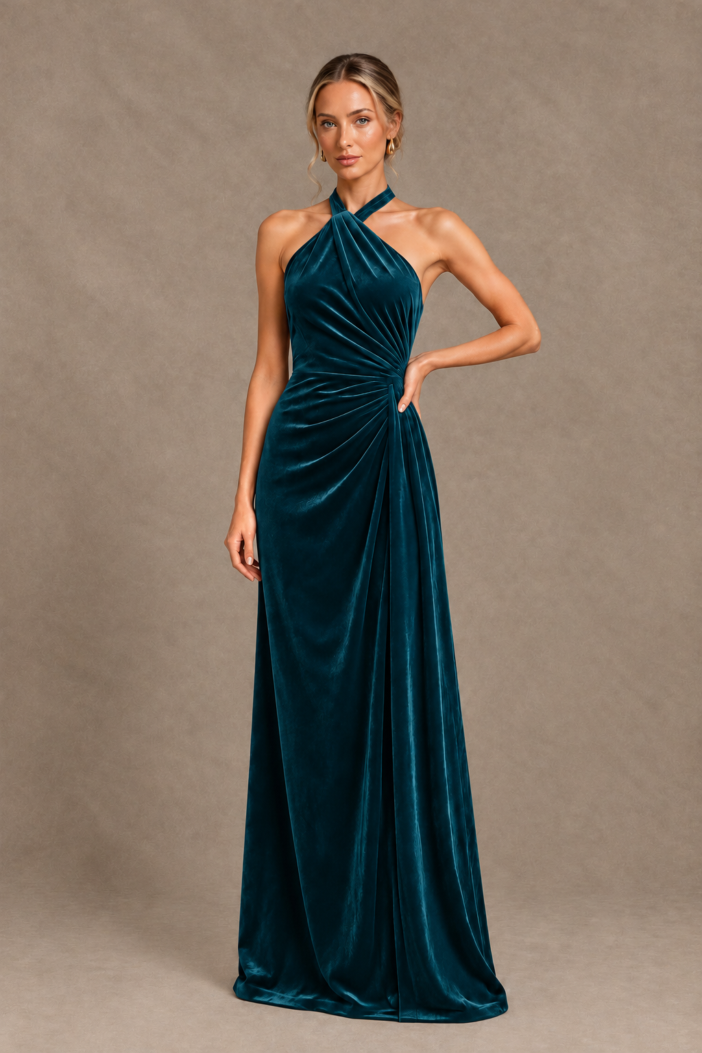 BOLODOO Peacock Velvet Halter Open-Back Ruched Evening Dress - Peacock - Peacock_1