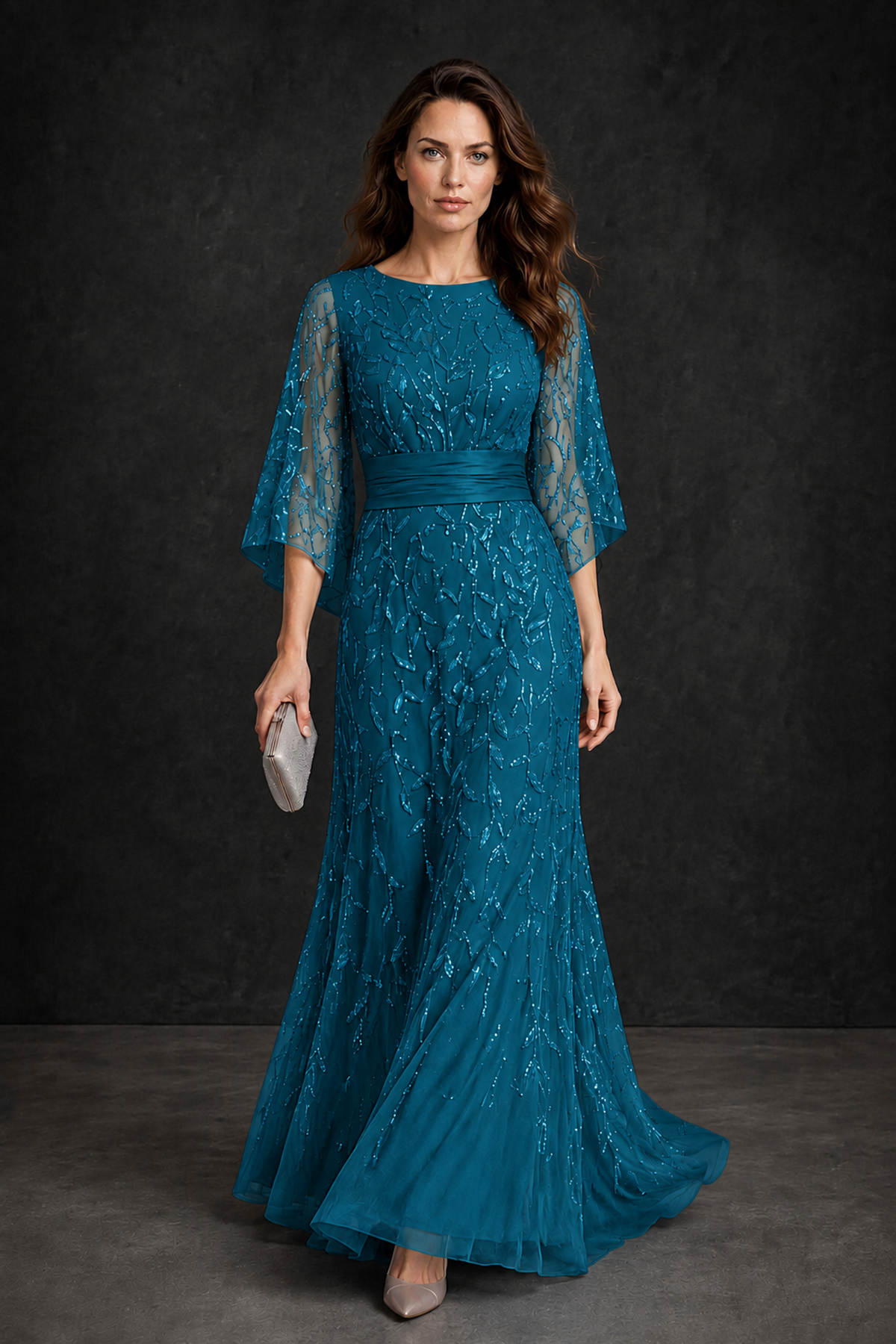 BOLODOO Peacock Bateau Neck Bell Sleeve Sequin Embroidered Satin Waist A-Line Maxi Dress - Peacock - Peacock_1
