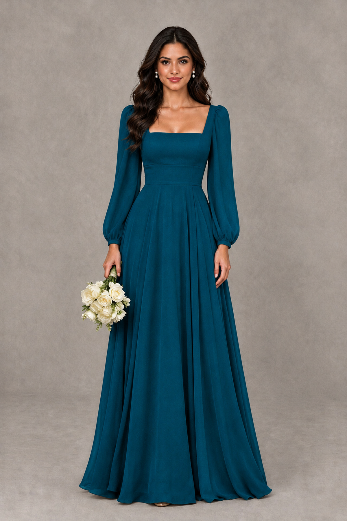 BOLODOO Peacock Square Neck Long Sleeve A-Line Bridesmaid Dress - Peacock - Peacock_1
