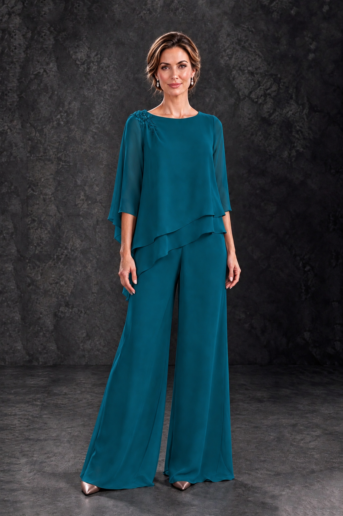 BOLODOO Peacock Layered Wide-Leg Mother of the Bride Pant Suit - Peacock - Peacock_1