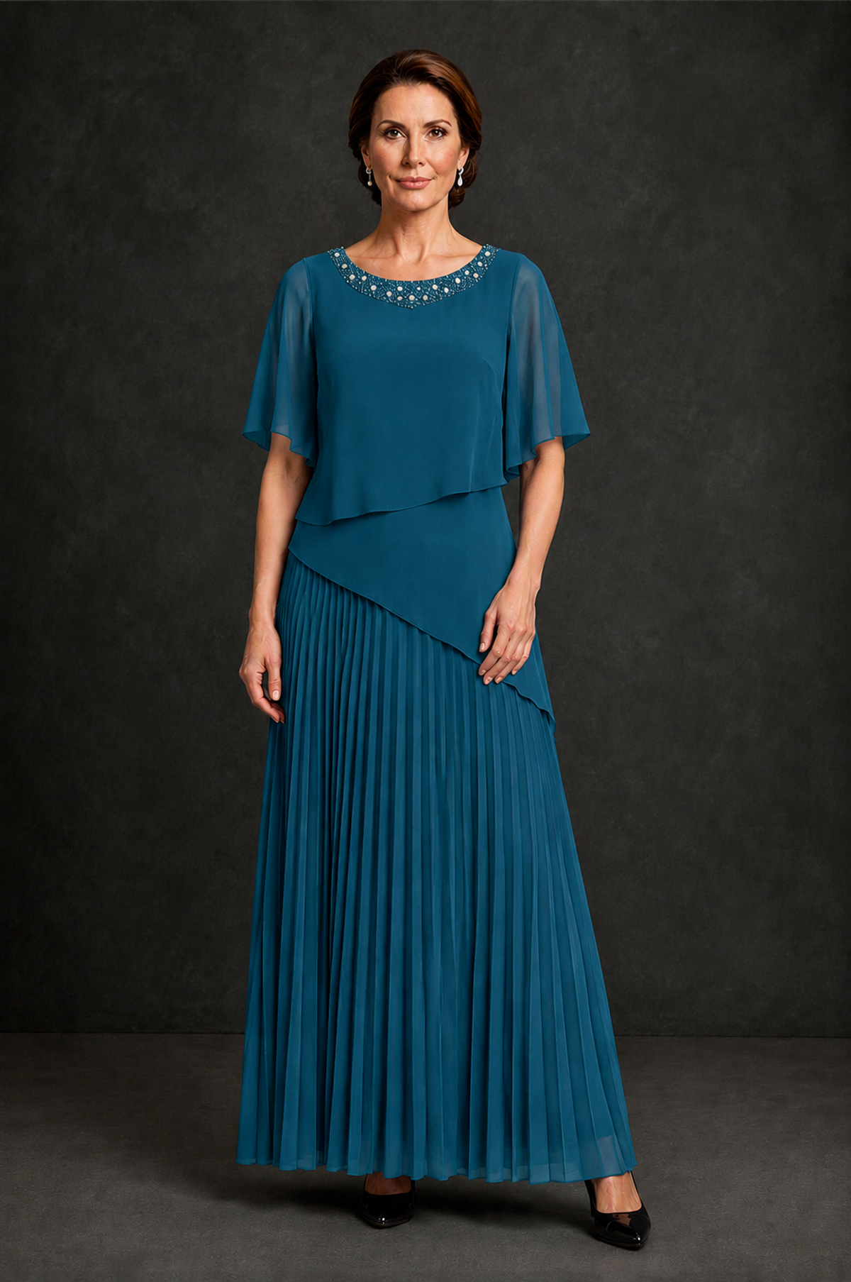 BOLODOO Peacock Pearl Beaded Neck Asymmetric Tiered Flutter Sleeve Pleated Chiffon Maxi Dress - Peacock - Peacock_1