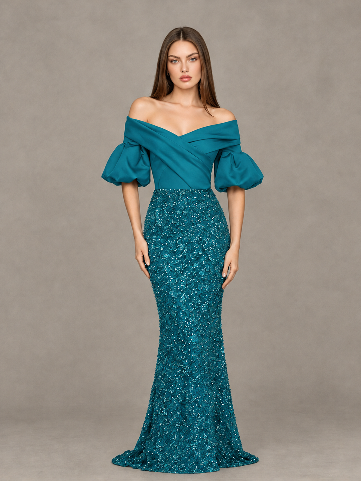 BOLODOO Peacock Off-Shoulder Puff Sleeve Sequin Mermaid Evening Dress - Peacock - Peacock_1