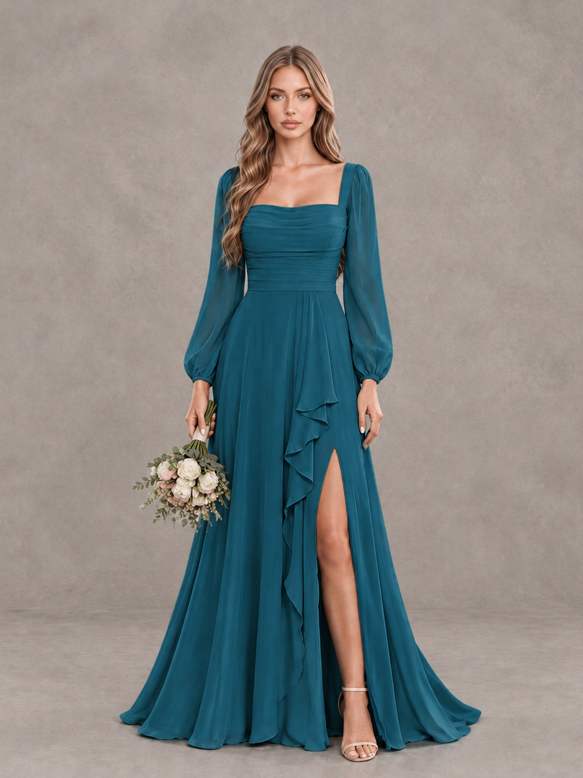 BOLODOO Peacock Square Neck Long Sleeve Bridesmaid Dress with Ruffle Slit - Peacock - Peacock_1