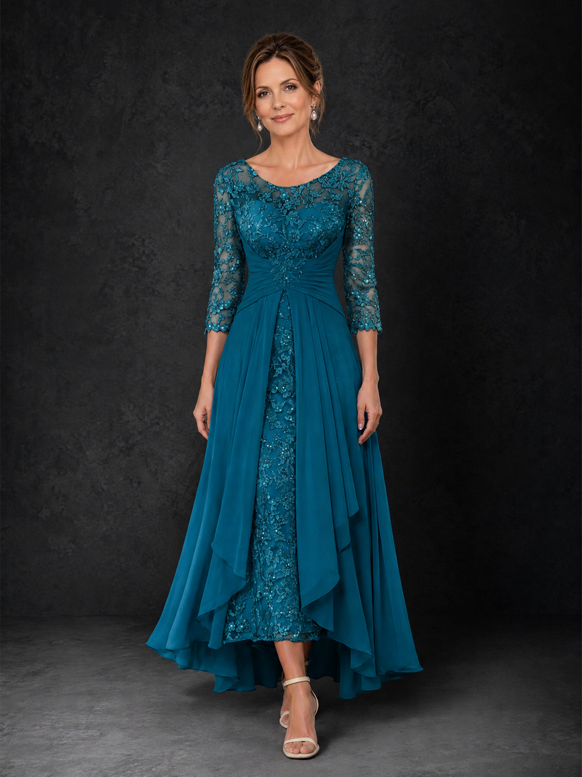 BOLODOO Peacock Sequin Lace & Chiffon Tea-Length Mother of the Bride Dress with 3/4 Sleeves - Peacock