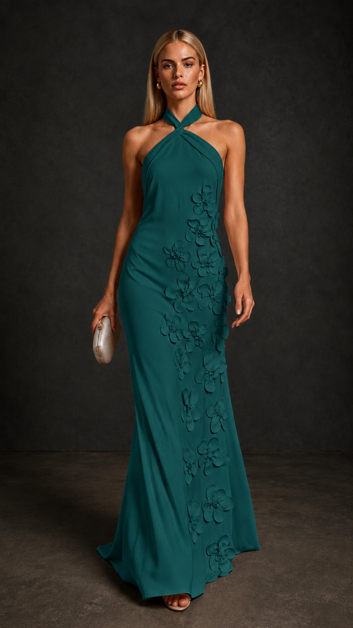 BOLODOO Peacock Cross Halter Neck 3D Floral Appliqué Backless Mermaid Maxi Gown - Peacock