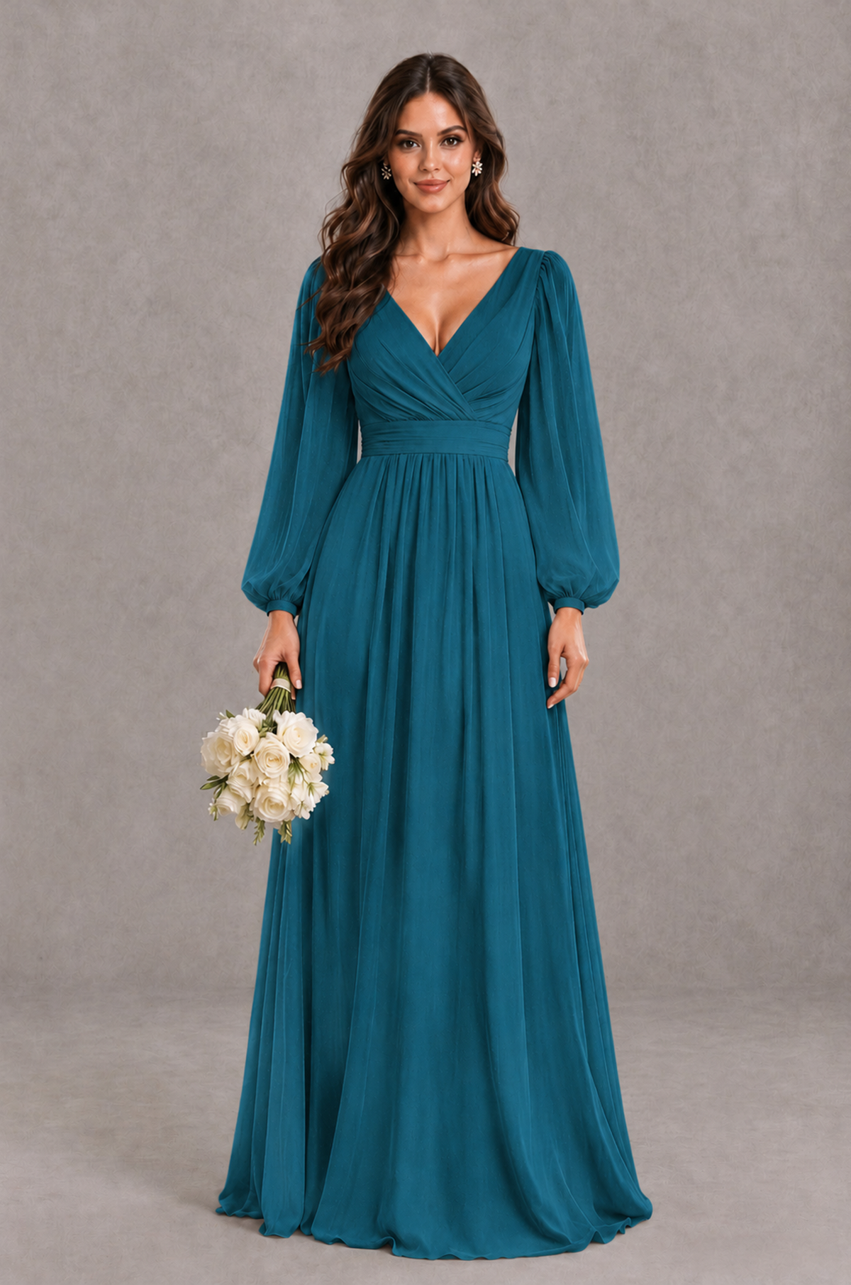 BOLODOO Peacock Long Sleeve V-Neck A-Line Bridesmaid Dress - Peacock - Peacock_1