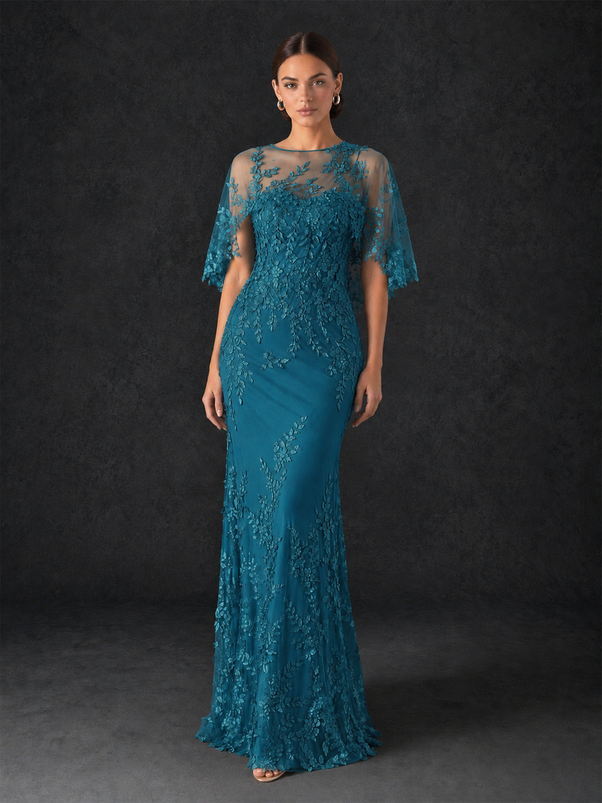 BOLODOO Mocha Rose Botanical Lace Flutter Sleeve Mermaid Gown - Peacock - Peacock