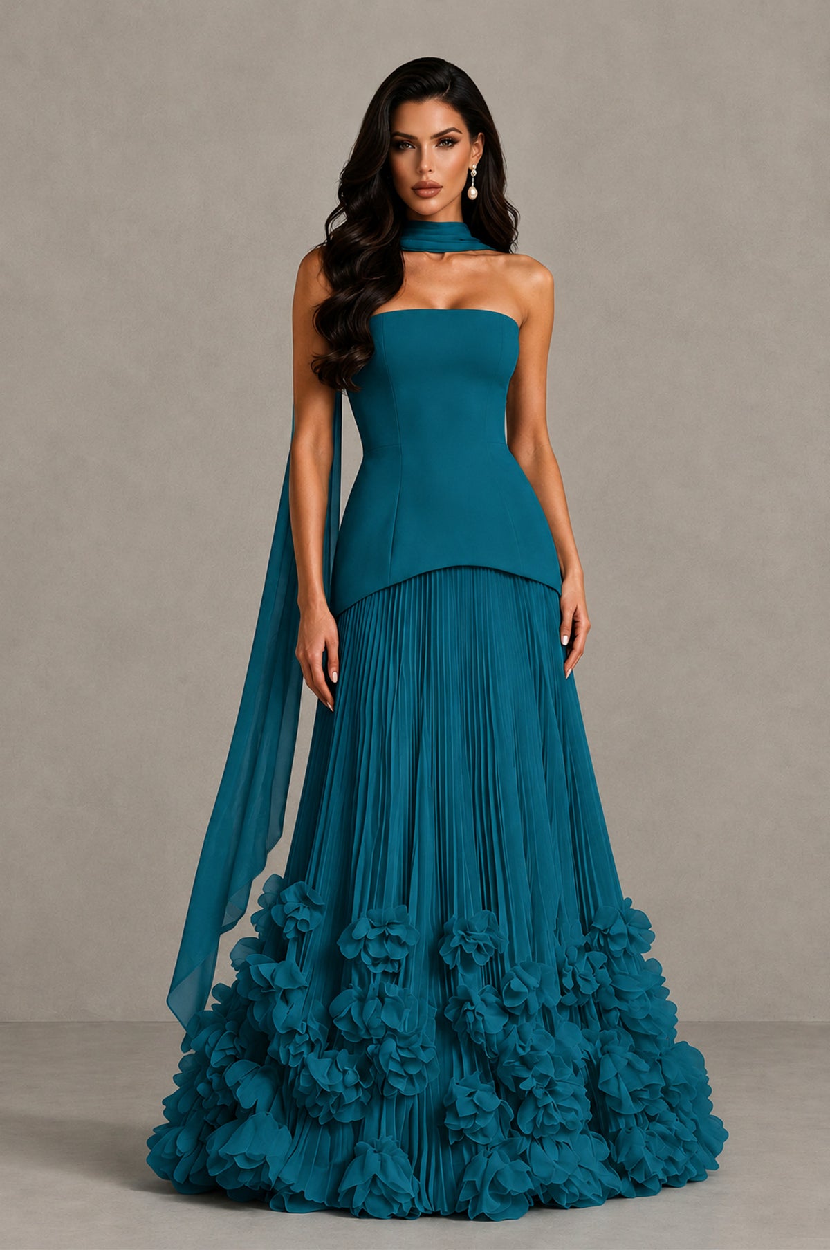 BOLODOO Peacock Strapless Pleated Floral Hem Evening Gown - Peacock - Peacock_1