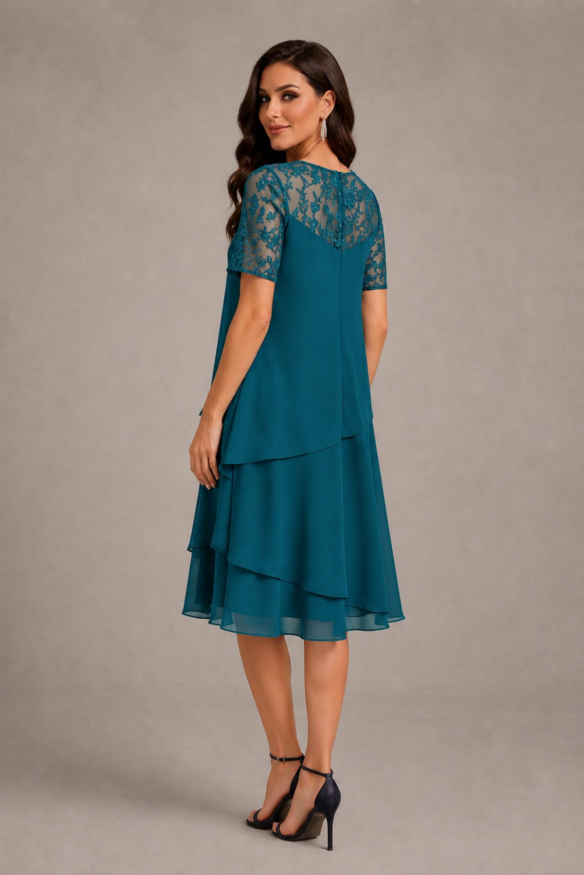 BOLODOO Peacock Illusion Lace Short Sleeve Tiered Chiffon Tea Length Dress | Mother of the Bride Midi Dress - Peacock
