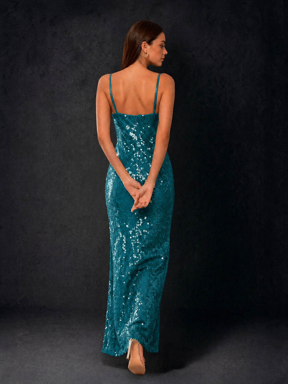 BOLODOO Bronze Sequin Cowl Neck Spaghetti Strap Mermaid Maxi Dress with Open Criss-Cross Back - Peacock - Peacock