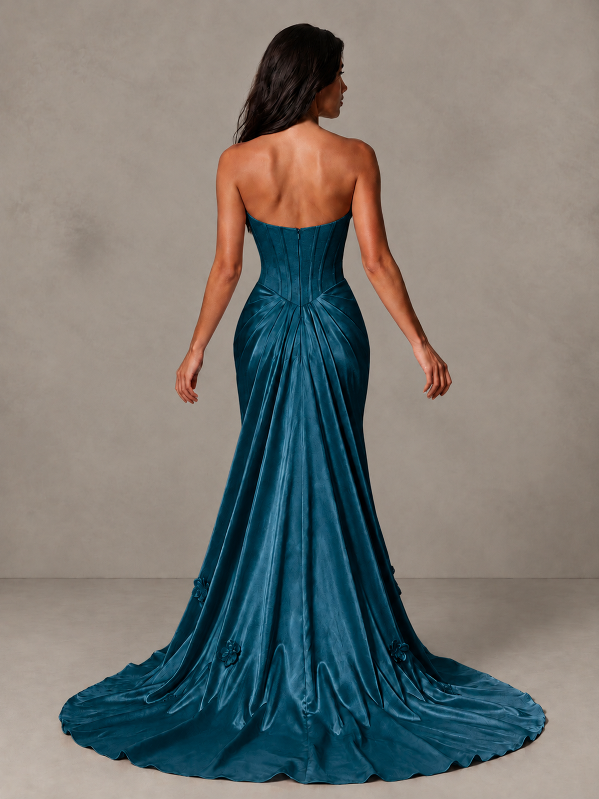 BOLODOO Peacock Strapless Floral Corset Evening Gown with Train - Peacock - Peacock_2