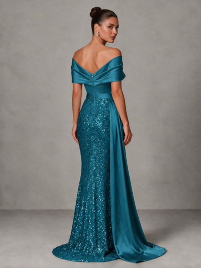 BOLODOO Peacock Sequin Mermaid Evening Dress with Off-Shoulder Satin Drape and Sweep Train - Peacock - Peacock_2