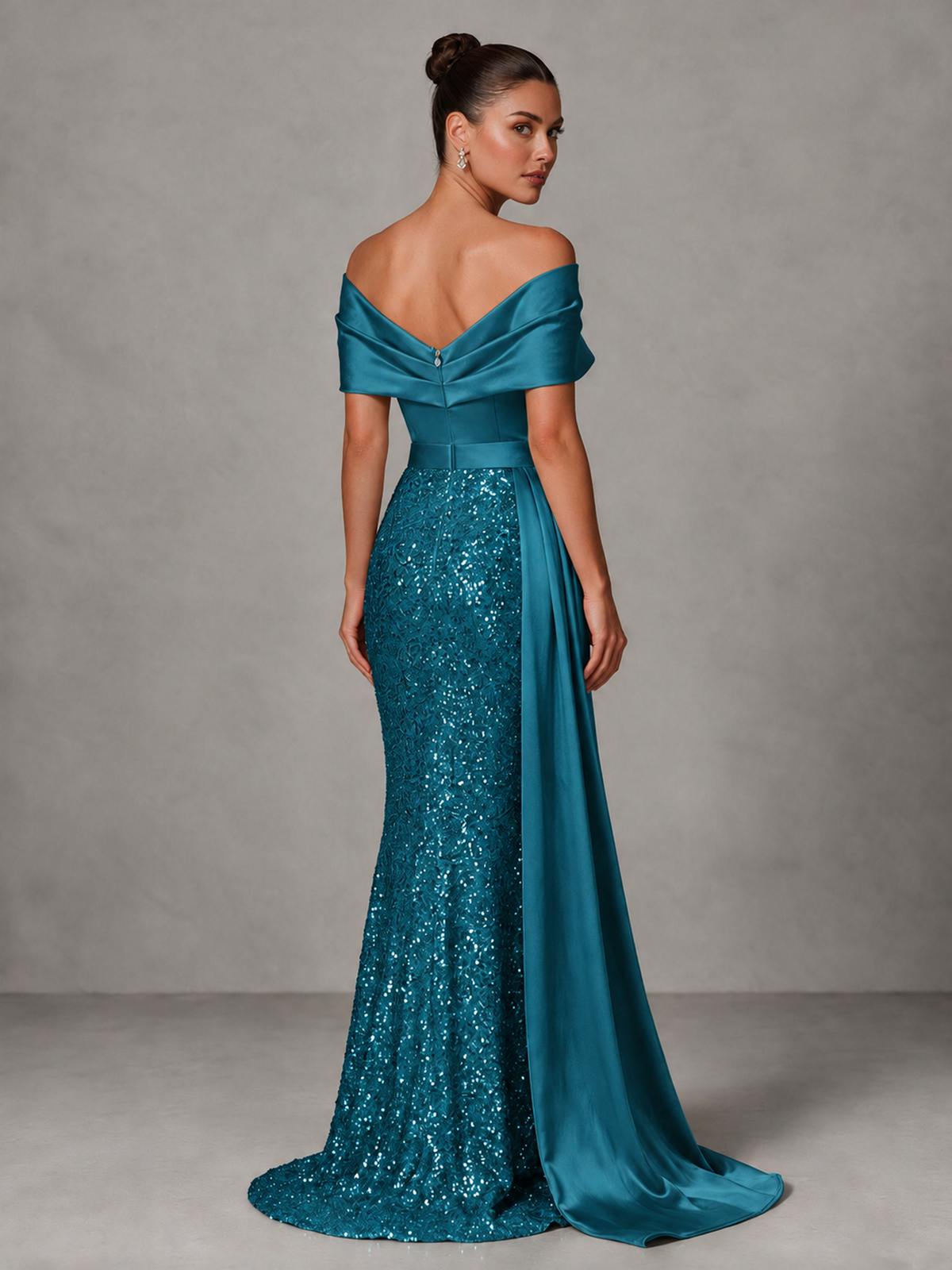 BOLODOO Peacock Sequin Mermaid Evening Dress with Off-Shoulder Satin Drape and Sweep Train - Peacock - Peacock_2