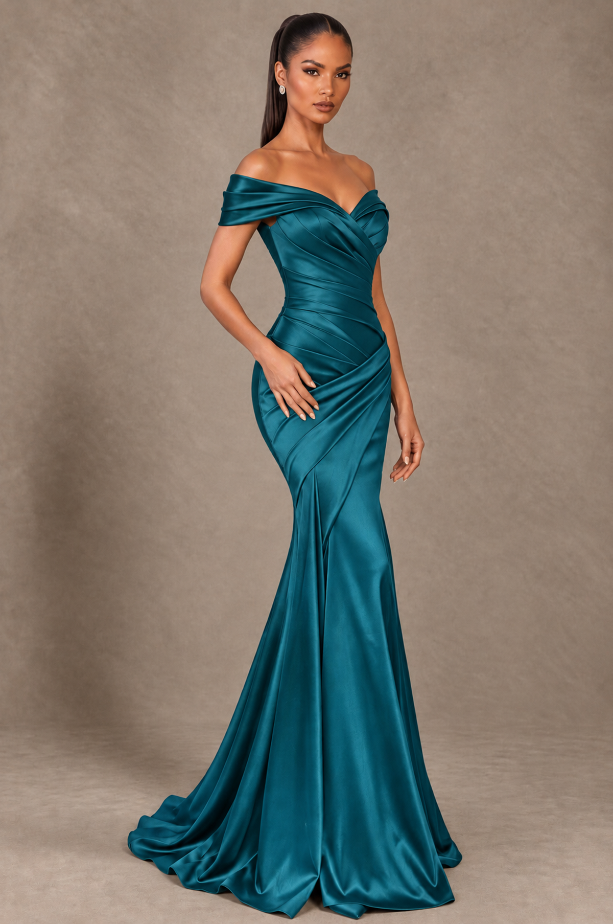 BOLODOO Peacock Off-the-Shoulder Ruched Satin Mermaid Evening Dress - Peacock - Peacock_2