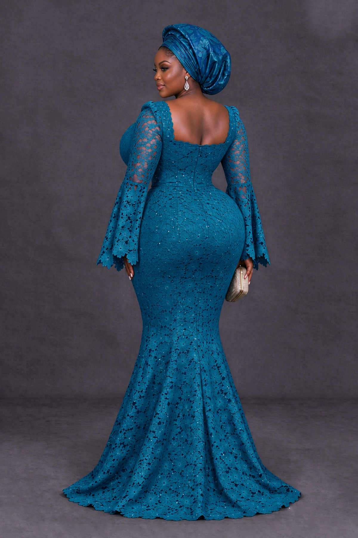 BOLODOO Peacock African Lace Mermaid Dress, Plus Size Nigerian Wedding Guest Gown with Bell Sleeves - Peacock - Peacock_2