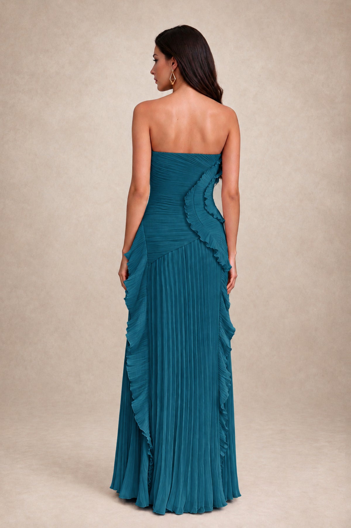 BOLODOO Peacock Strapless Ruffle Pleated Slit Evening Gown - Peacock - Peacock_2