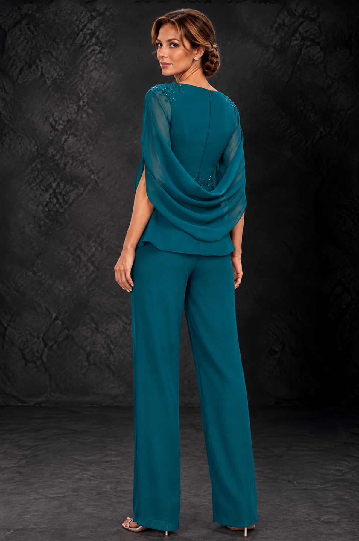BOLODOO Peacock Embellished Cape Sleeve Mother of the Bride Pantsuit - Peacock - Peacock_2