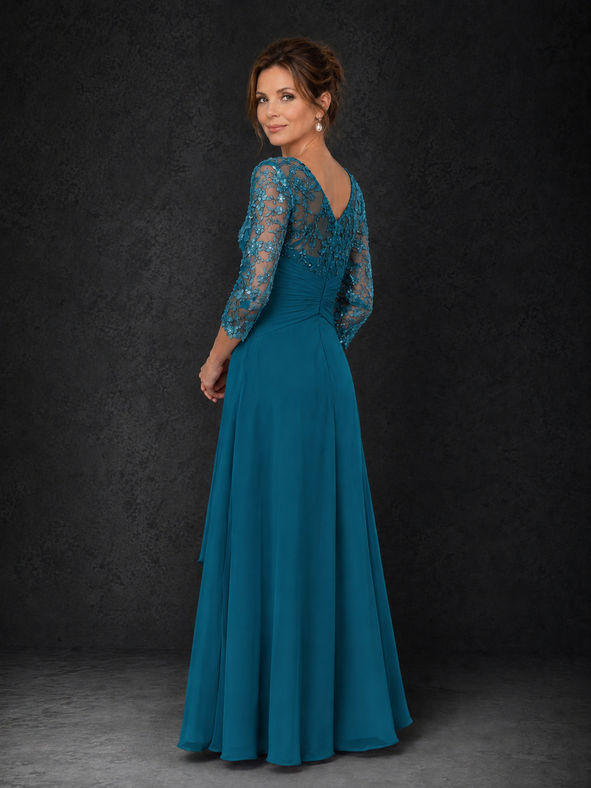 BOLODOO Peacock Sequin Lace & Chiffon Tea-Length Mother of the Bride Dress with 3/4 Sleeves - Peacock