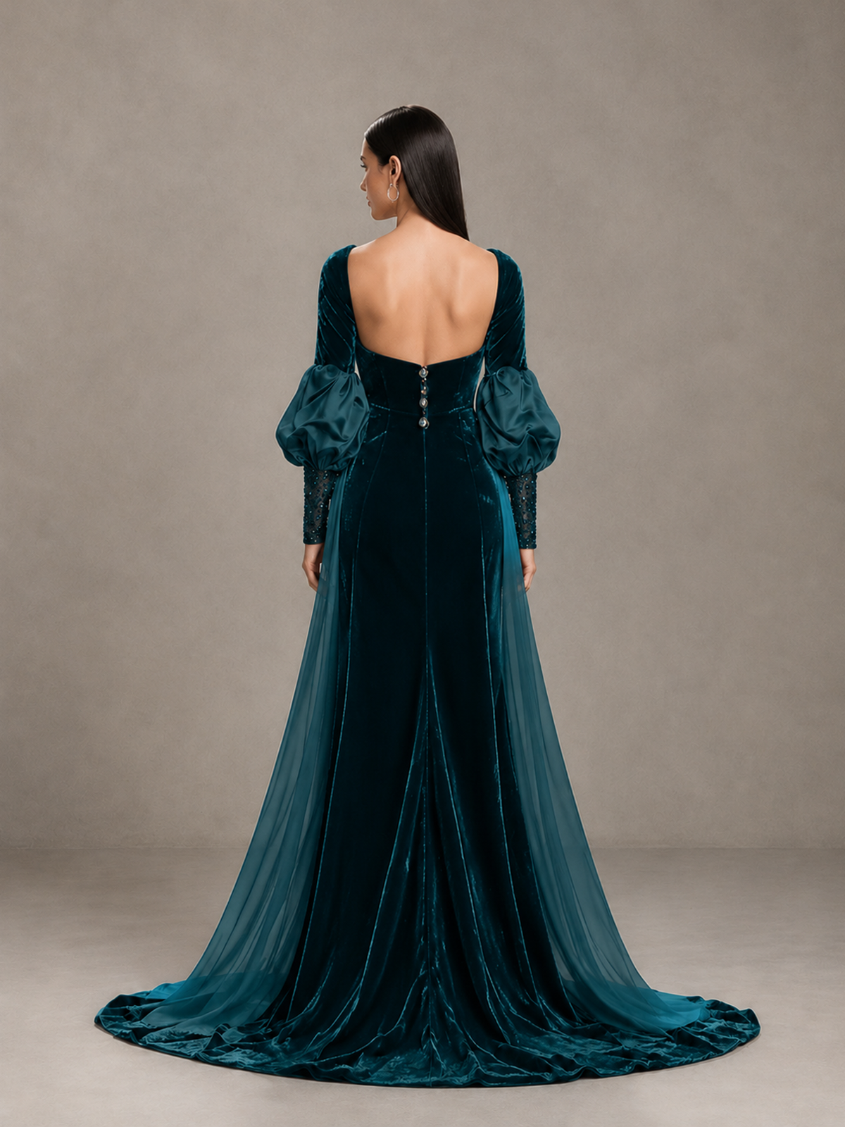 BOLODOO Peacock Velvet Long Sleeve Open-Back Evening Gown - Peacock - Peacock_2