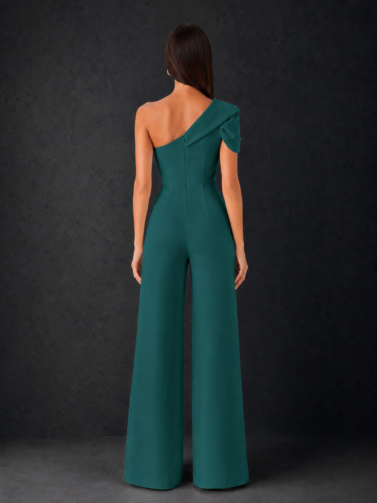 BOLODOO Peacock One-Shoulder Puff Sleeve Wide-Leg Jumpsuit with Front Slit and Open Back - Peacock