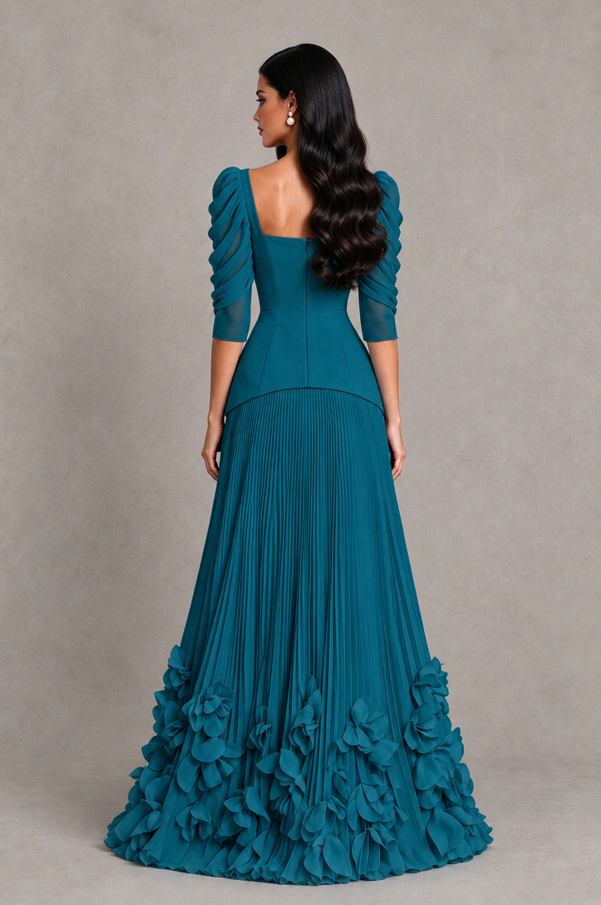BOLODOO Peacock Square Neck Pleated Floral Applique Evening Dress - Peacock - Peacock_2