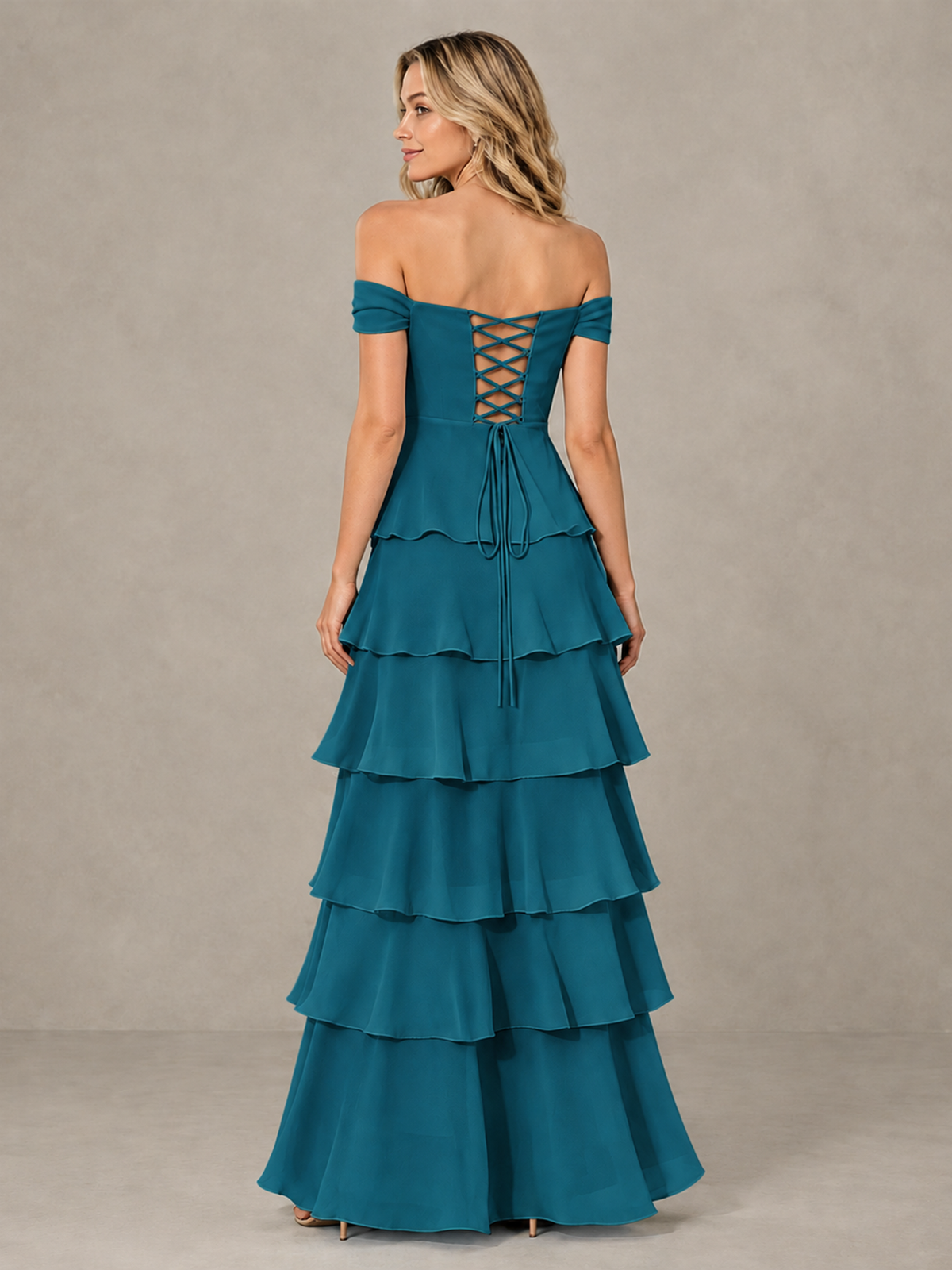 BOLODOO Peacock Off-Shoulder Tiered Ruffle Bridesmaid Dress with Lace-Up Back - Peacock - Peacock_2