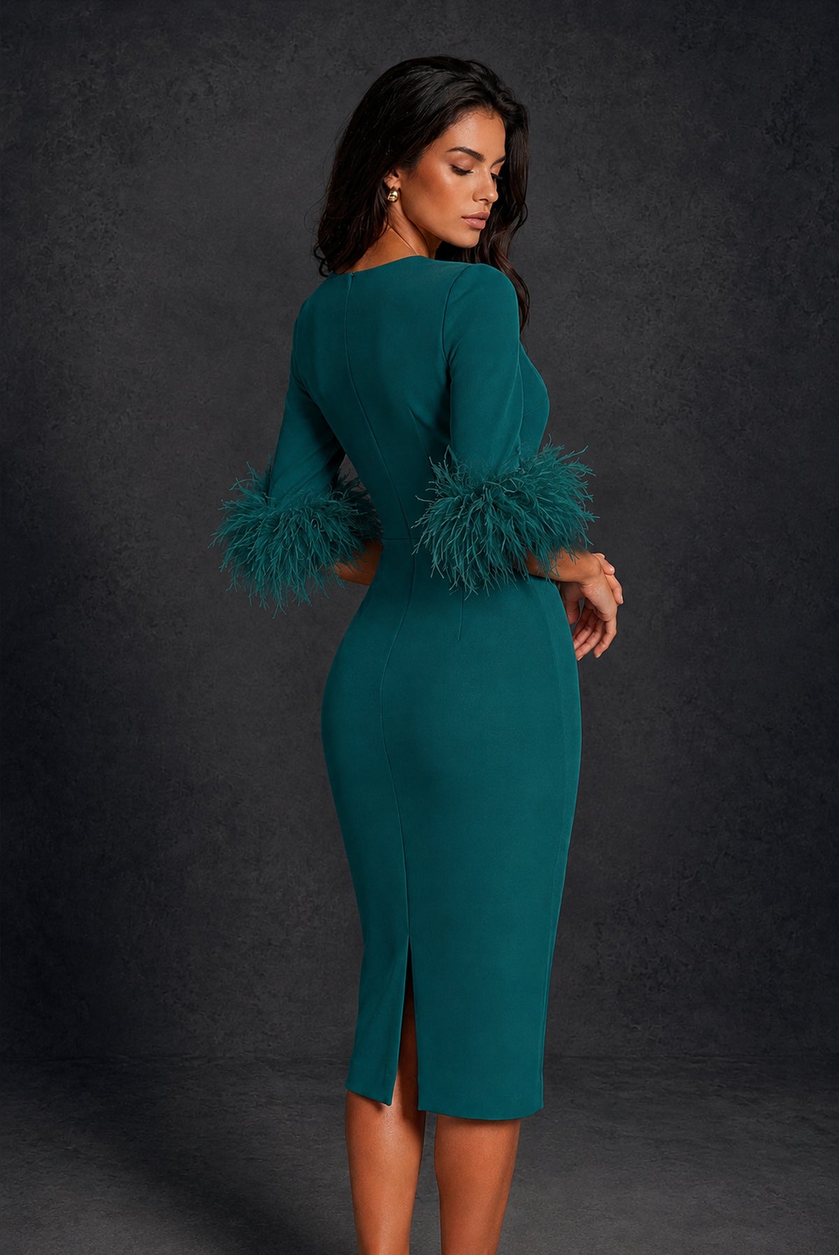 BOLODOO Peacock Ostrich Feather Cuff 3/4 Sleeve Round Neck Bodycon Midi Dress with Back Slit - Peacock