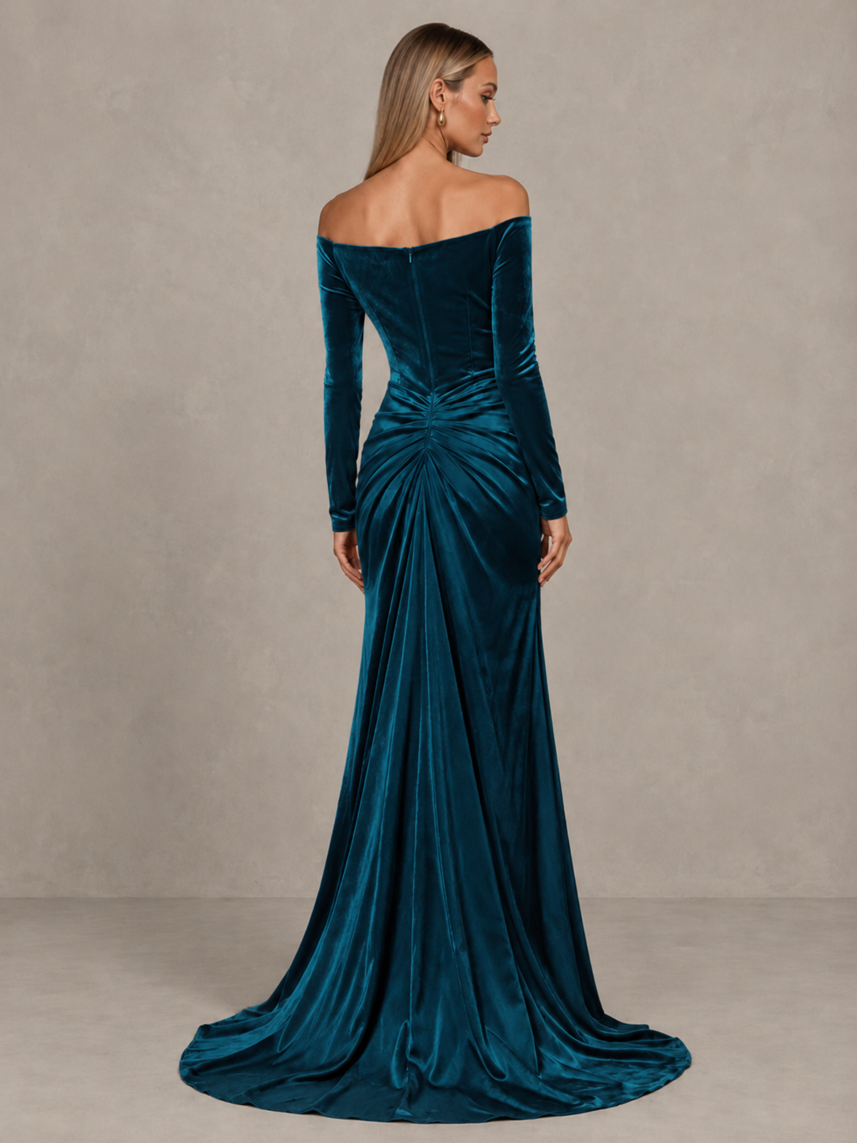 BOLODOO Peacock Off-Shoulder Velvet Evening Gown with High Slit - Peacock - Peacock_2