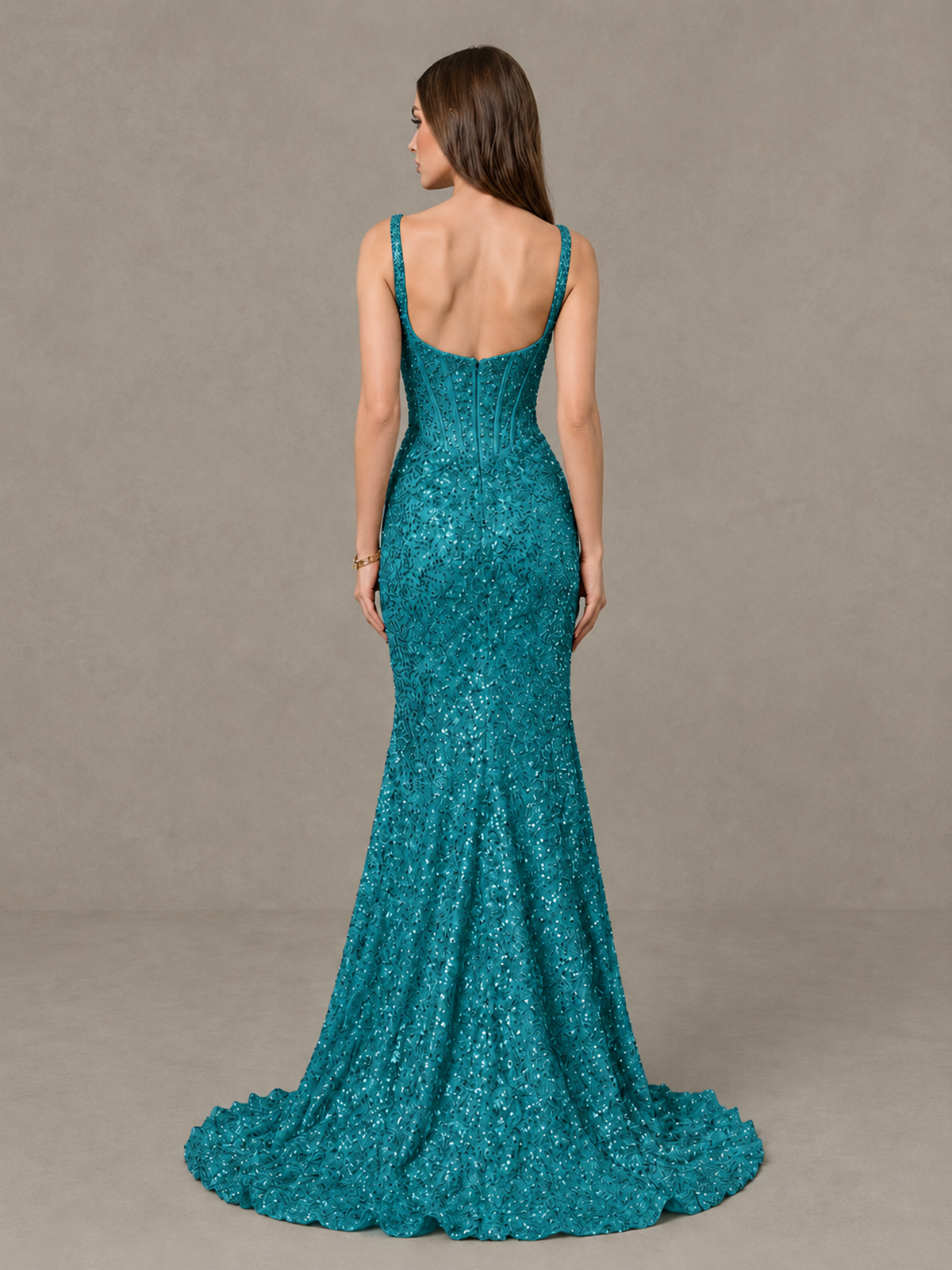 BOLODOO Peacock Sequin Corset Evening Gown with High Slit - Peacock - Peacock_2