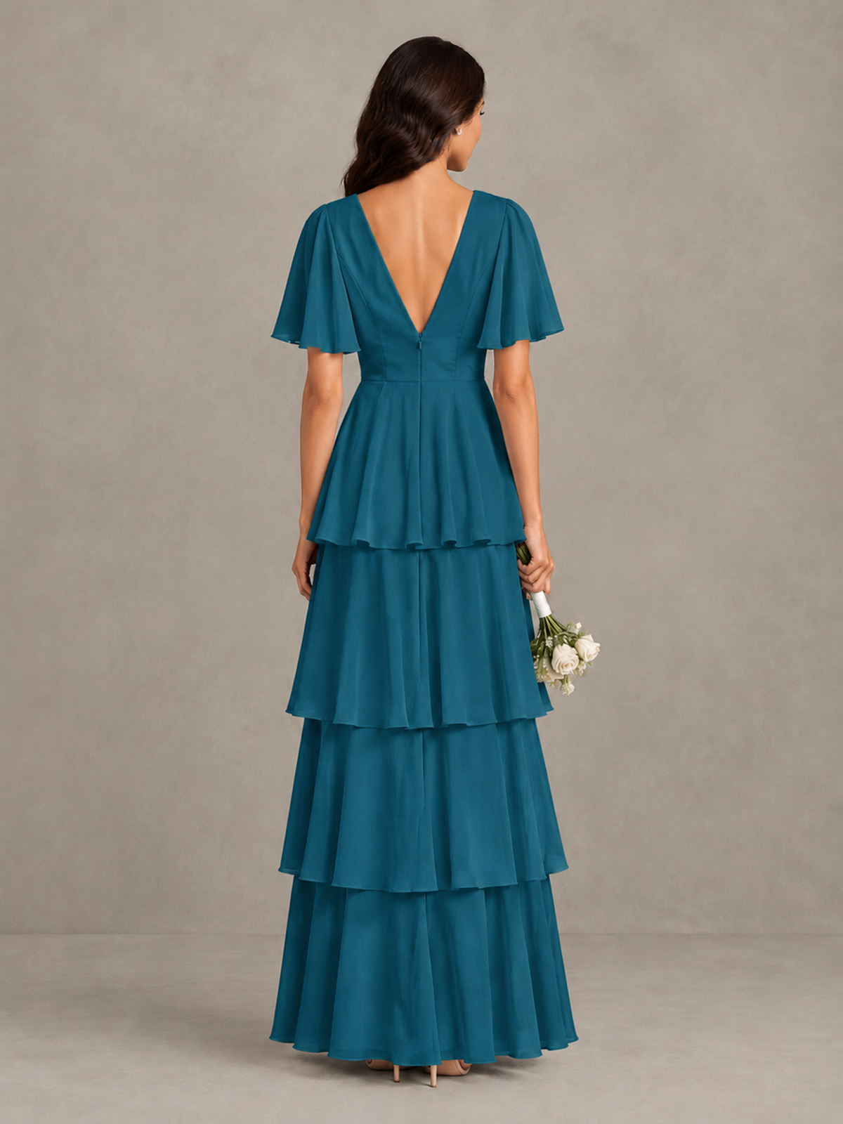 BOLODOO Peacock Tiered Flutter Sleeve Bridesmaid Dress - Peacock - Peacock_2