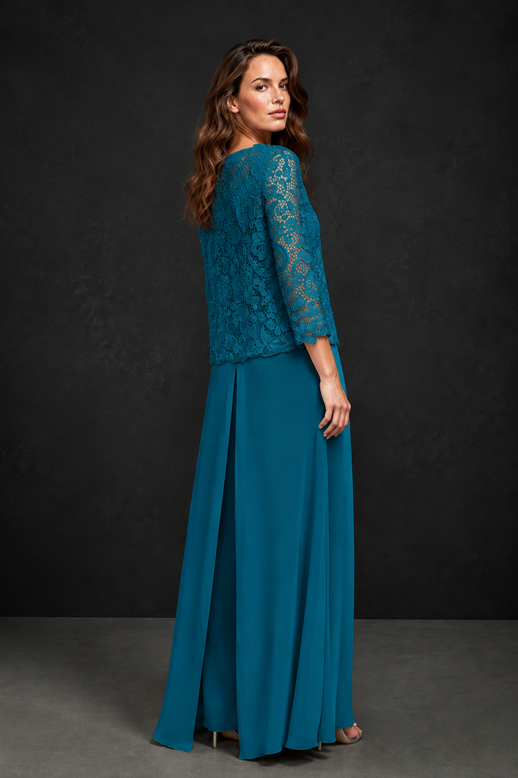 BOLODOO Peacock Grey Lace Peplum Top & Wide-Leg Chiffon Pants Set | Mother of the Bride & Formal Evening Outfit - Peacock