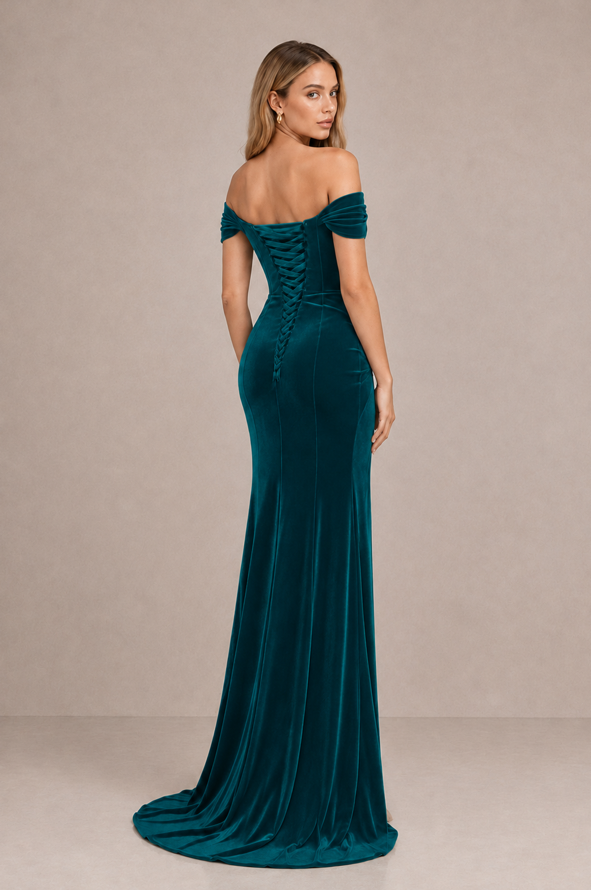 BOLODOO Peacock Velvet Off-Shoulder Ruched High Slit Evening Dress - Peacock - Peacock_2