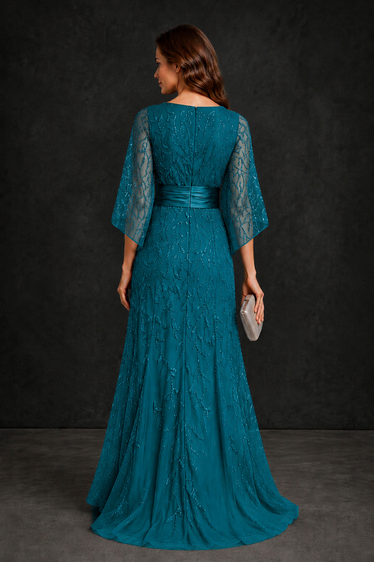 BOLODOO Peacock Bateau Neck Bell Sleeve Sequin Embroidered Satin Waist A-Line Maxi Dress - Peacock - Peacock_2