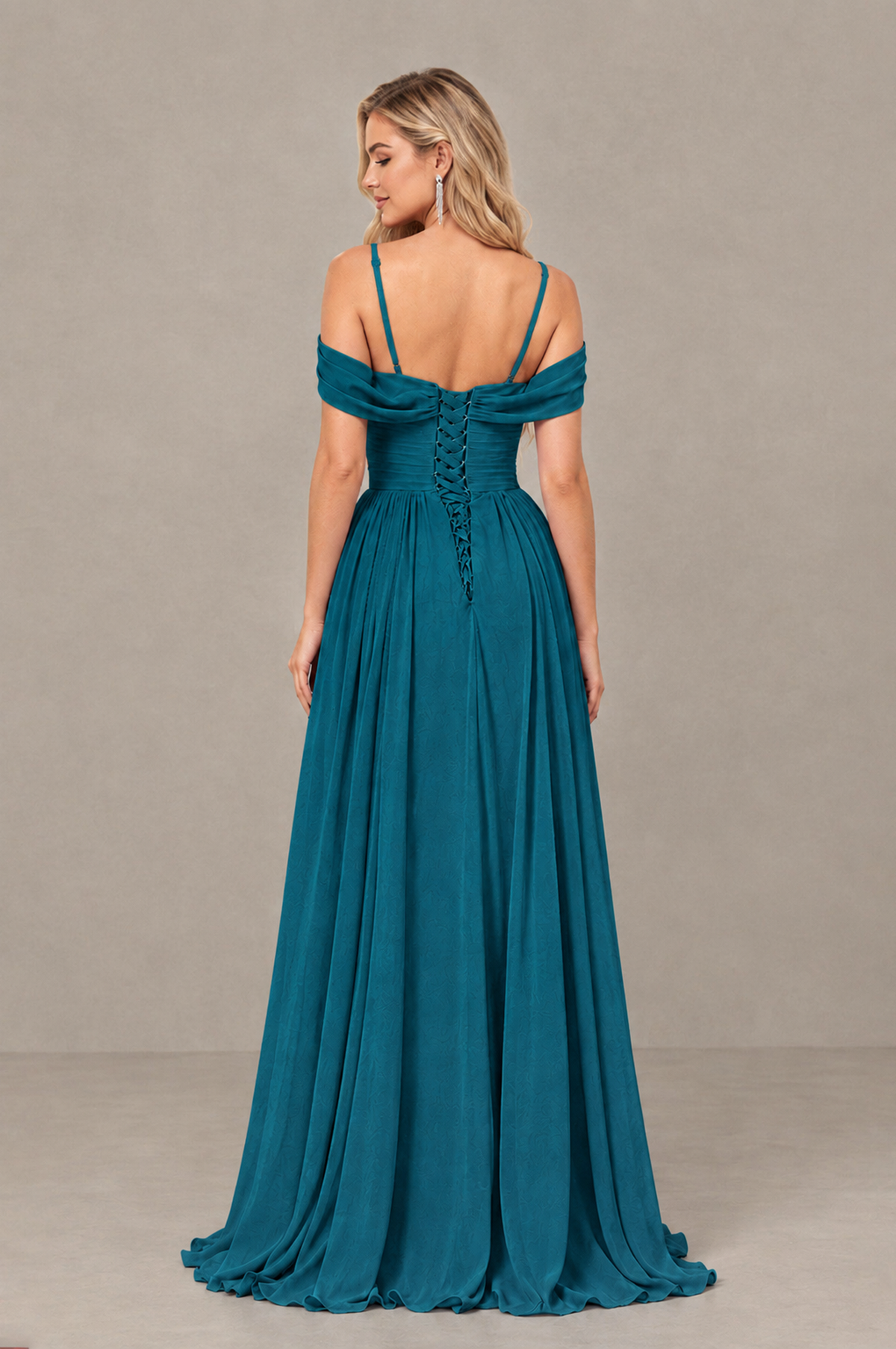 BOLODOO Peacock Off-Shoulder Bridesmaid Dress with Slit - Peacock