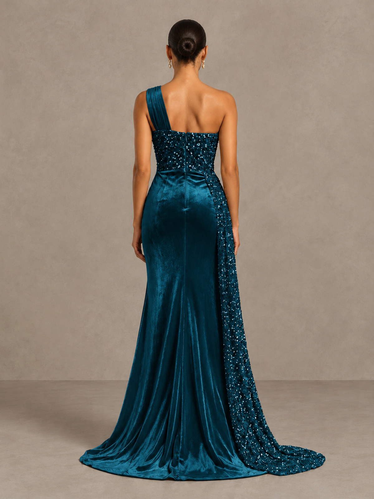 BOLODOO Peacock One-Shoulder Satin Sequin Gown with High Slit - Peacock - Peacock_2