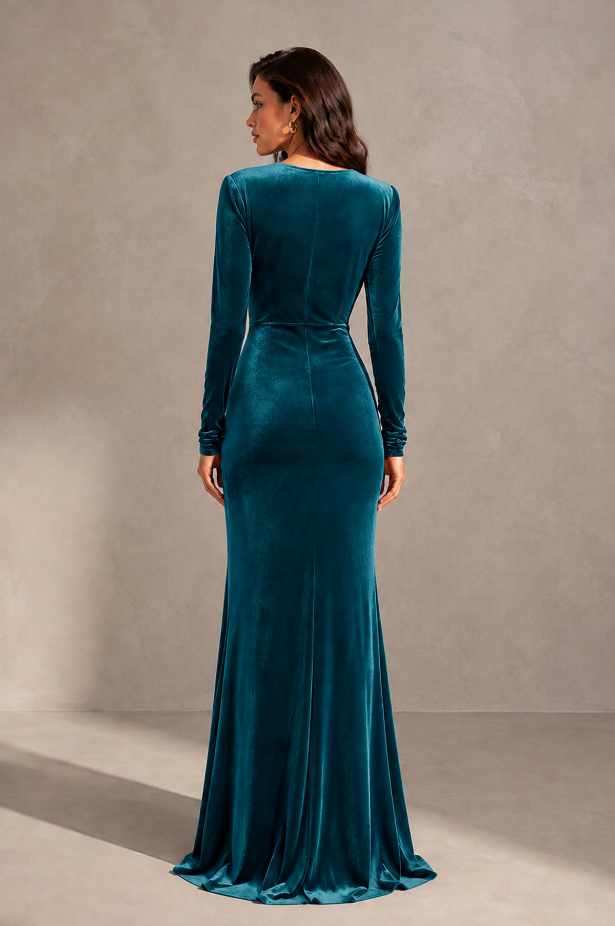 BOLODOO Peacock Velvet Long Sleeve V-Neck Ruched Evening Gown - Peacock