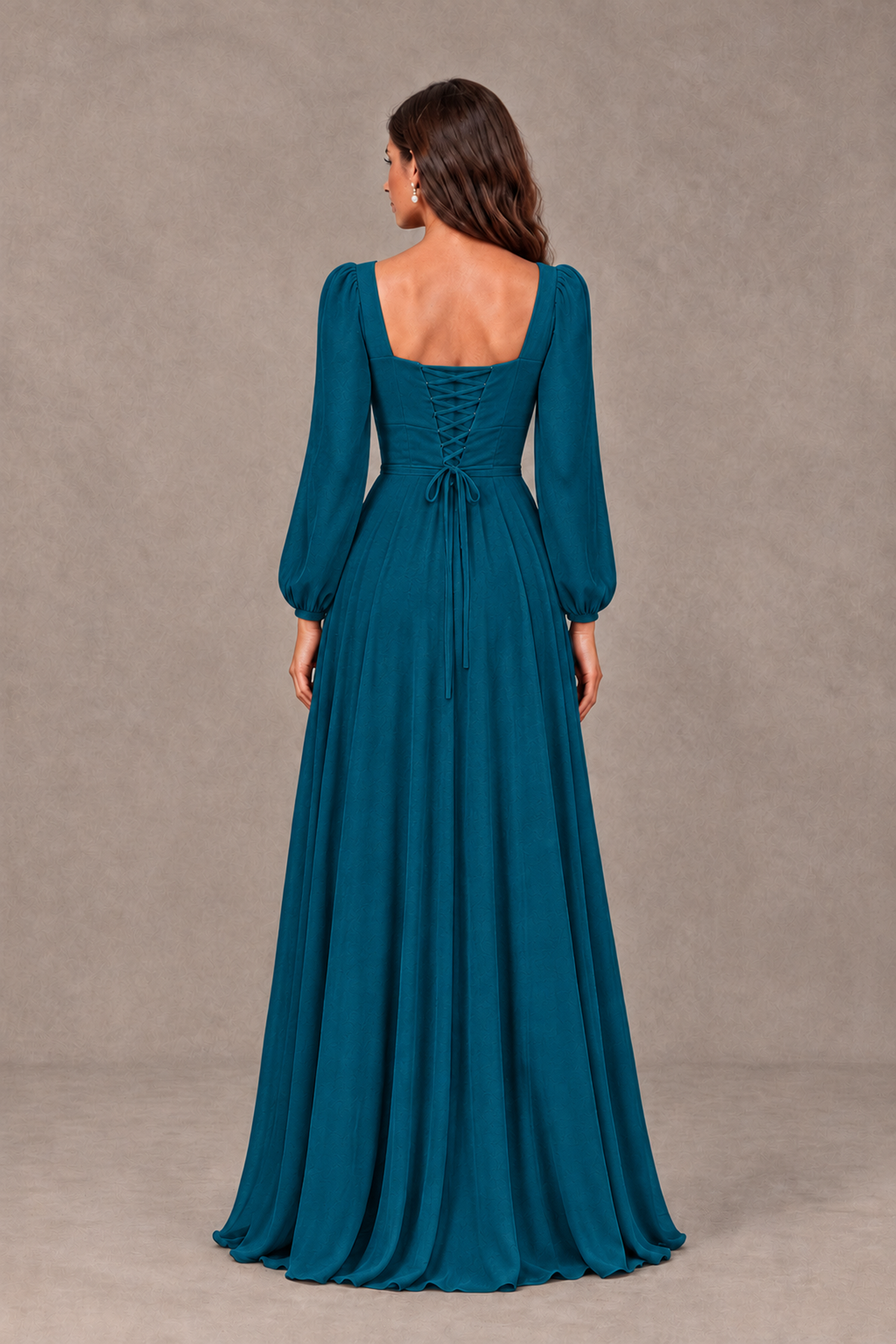 BOLODOO Peacock Square Neck Long Sleeve A-Line Bridesmaid Dress - Peacock - Peacock_2
