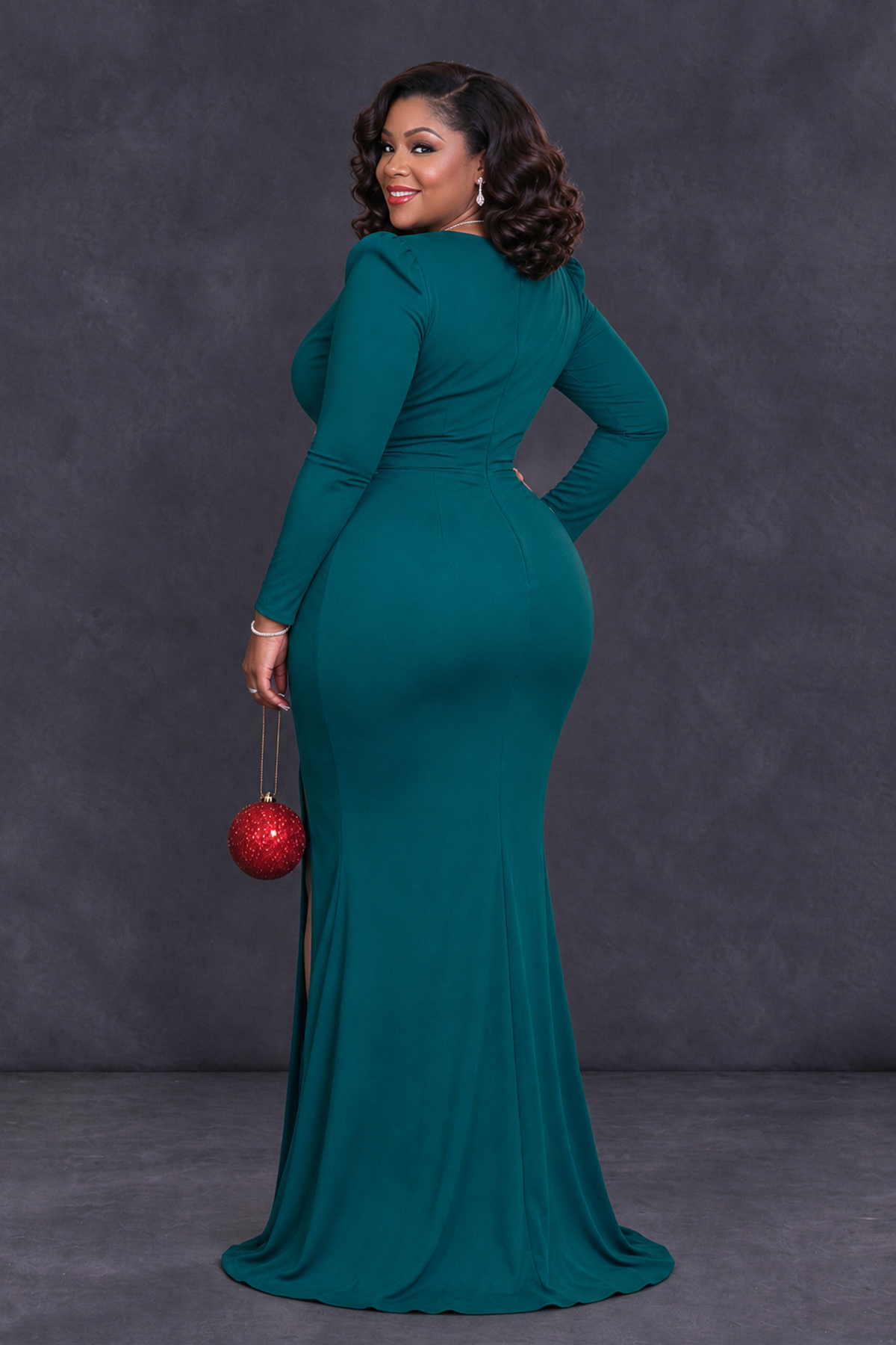 BOLODOO Peacock Plus Size Long Sleeve V-Neck Mother of the Bride Dress with Slit - Peacock - Peacock_2