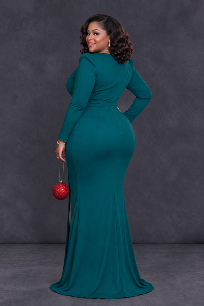 BOLODOO Peacock Plus Size Long Sleeve V-Neck Mother of the Bride Dress with Slit - Peacock - Peacock_2