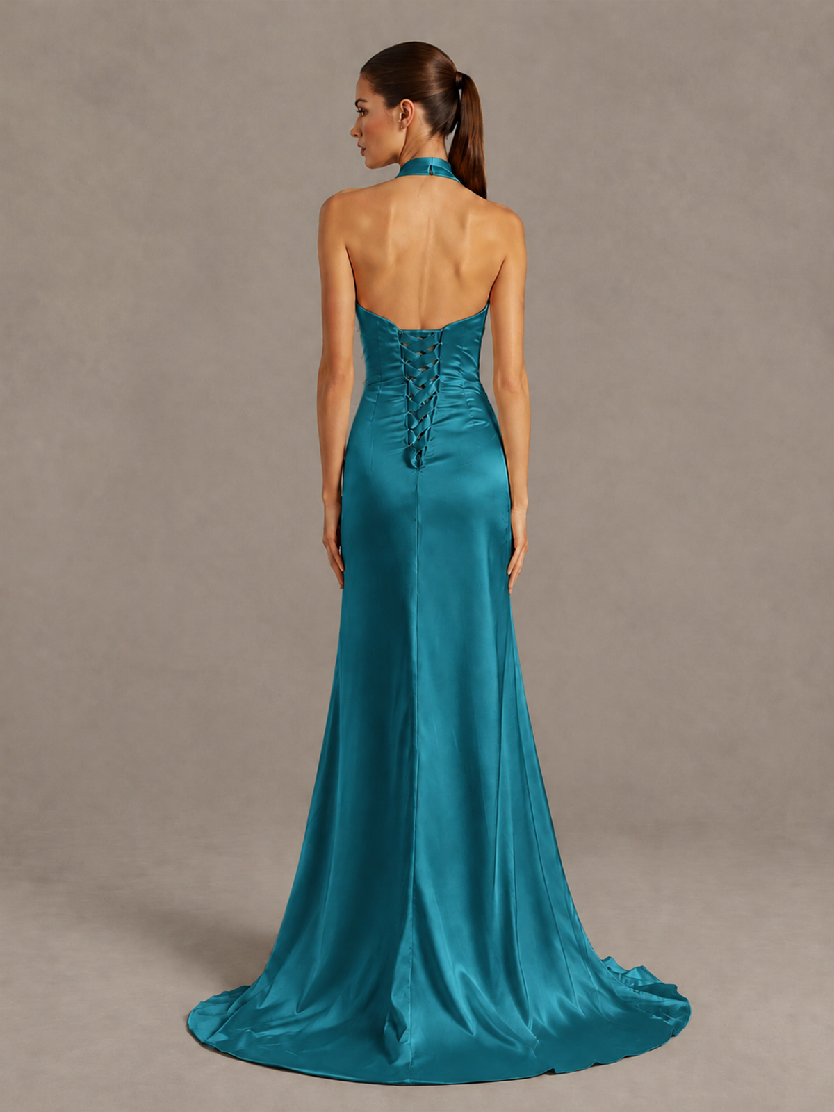 BOLODOO Peacock Halter Satin Evening & Prom Dress with High Slit - Peacock - Peacock_2