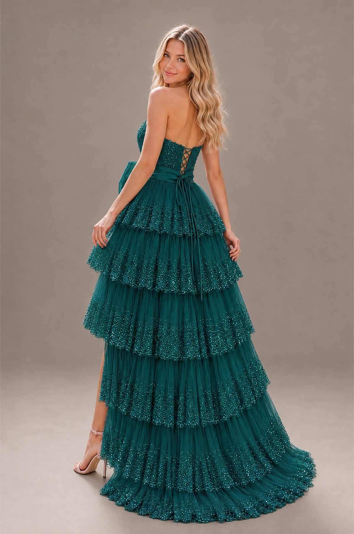 BOLODOO Peacock Strapless Tiered Tulle Prom Dress with Bow - Peacock - Peacock_2