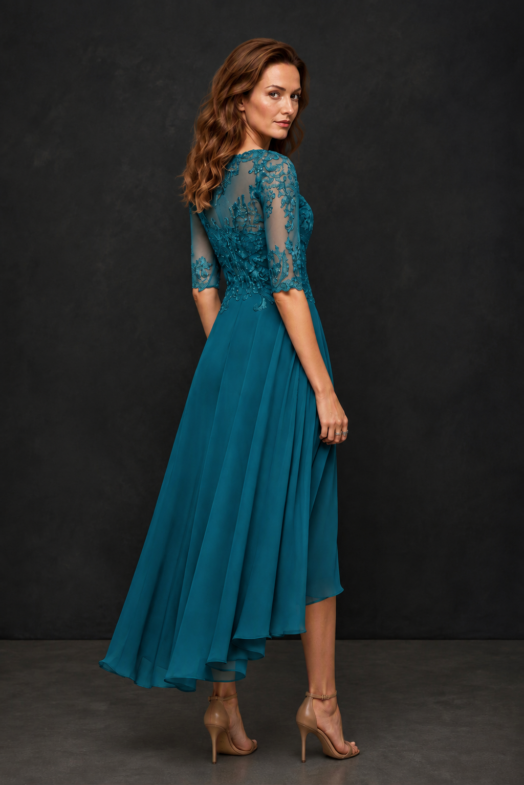 BOLODOO Peacock Illusion Lace 3/4 Sleeve Hi-Lo Chiffon A-Line Dress | Mother of the Bride Tea Length Dress - Peacock