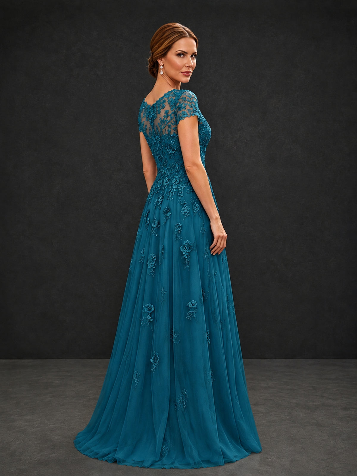 BOLODOO Peacock Cap Sleeve Lace Appliqué A-Line Formal Gown | Mother of the Bride Dress - Peacock - Peacock_2