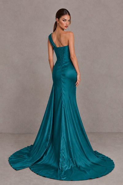 BOLODOO Peacock One Shoulder Satin Mermaid Evening Dress with Ruched Slit Skirt - Peacock - Peacock_2