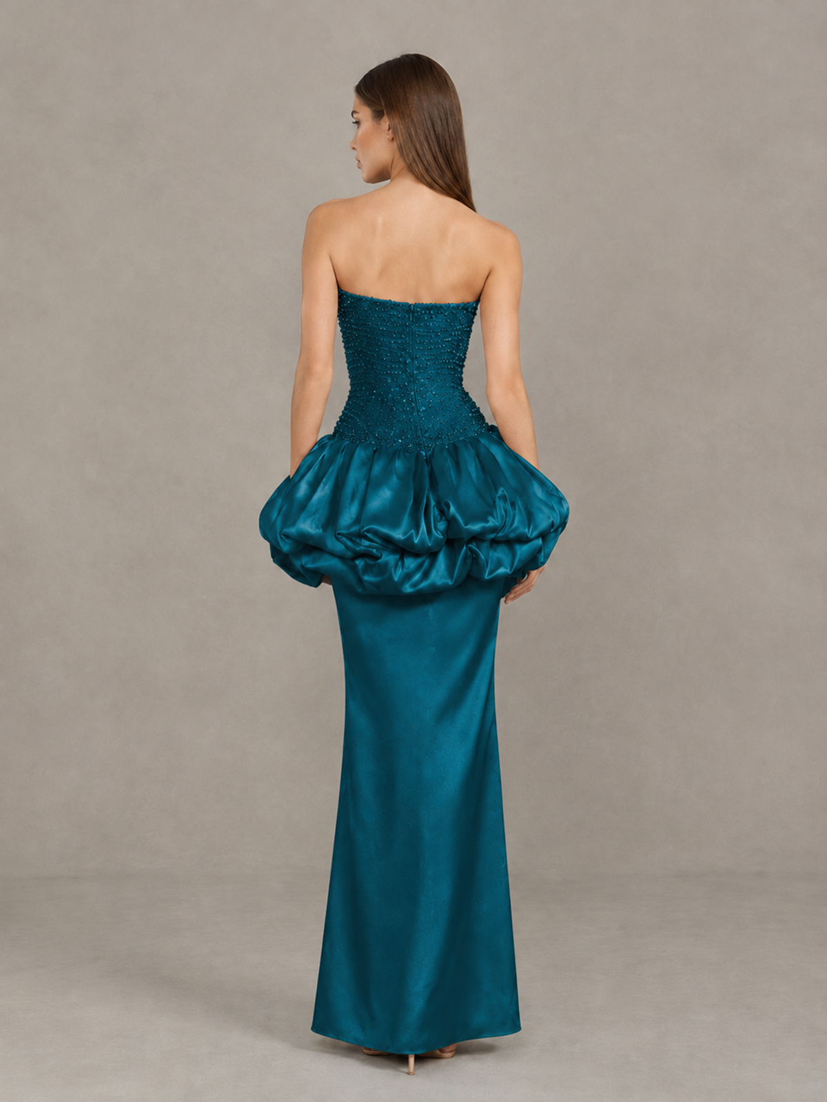 BOLODOO Peacock Strapless Embellished Bubble Peplum Evening Dress - Peacock - Peacock_2