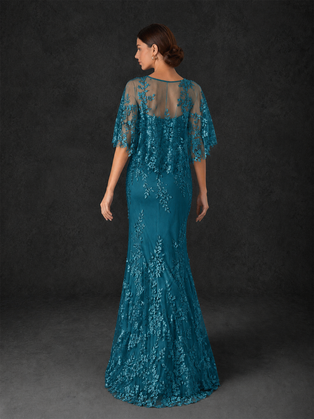 BOLODOO Mocha Rose Botanical Lace Flutter Sleeve Mermaid Gown - Peacock - Peacock