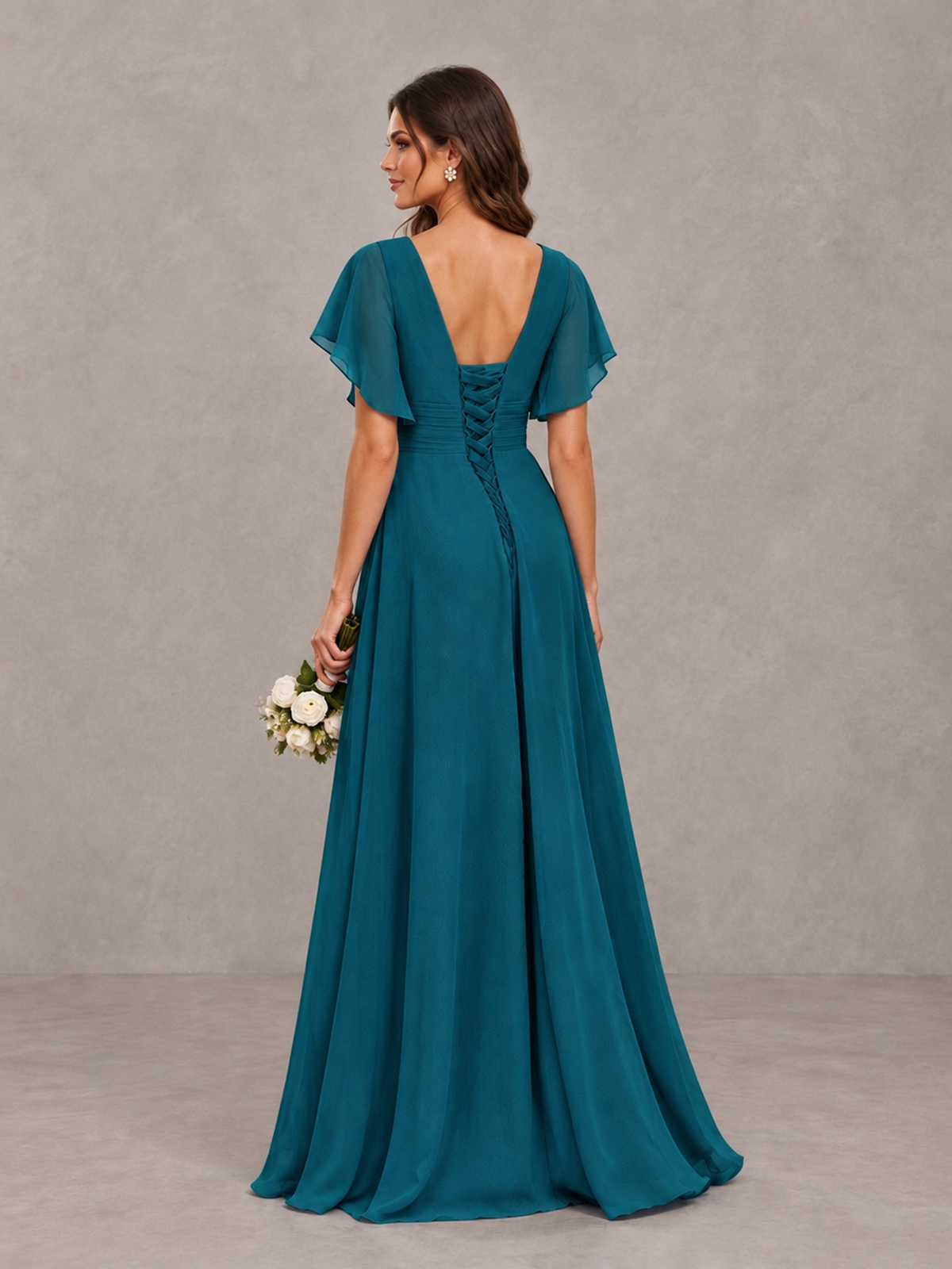 BOLODOO Peacock Flutter Sleeve V-Neck Bridesmaid Dress with Ruffle Slit - Peacock - Peacock_2