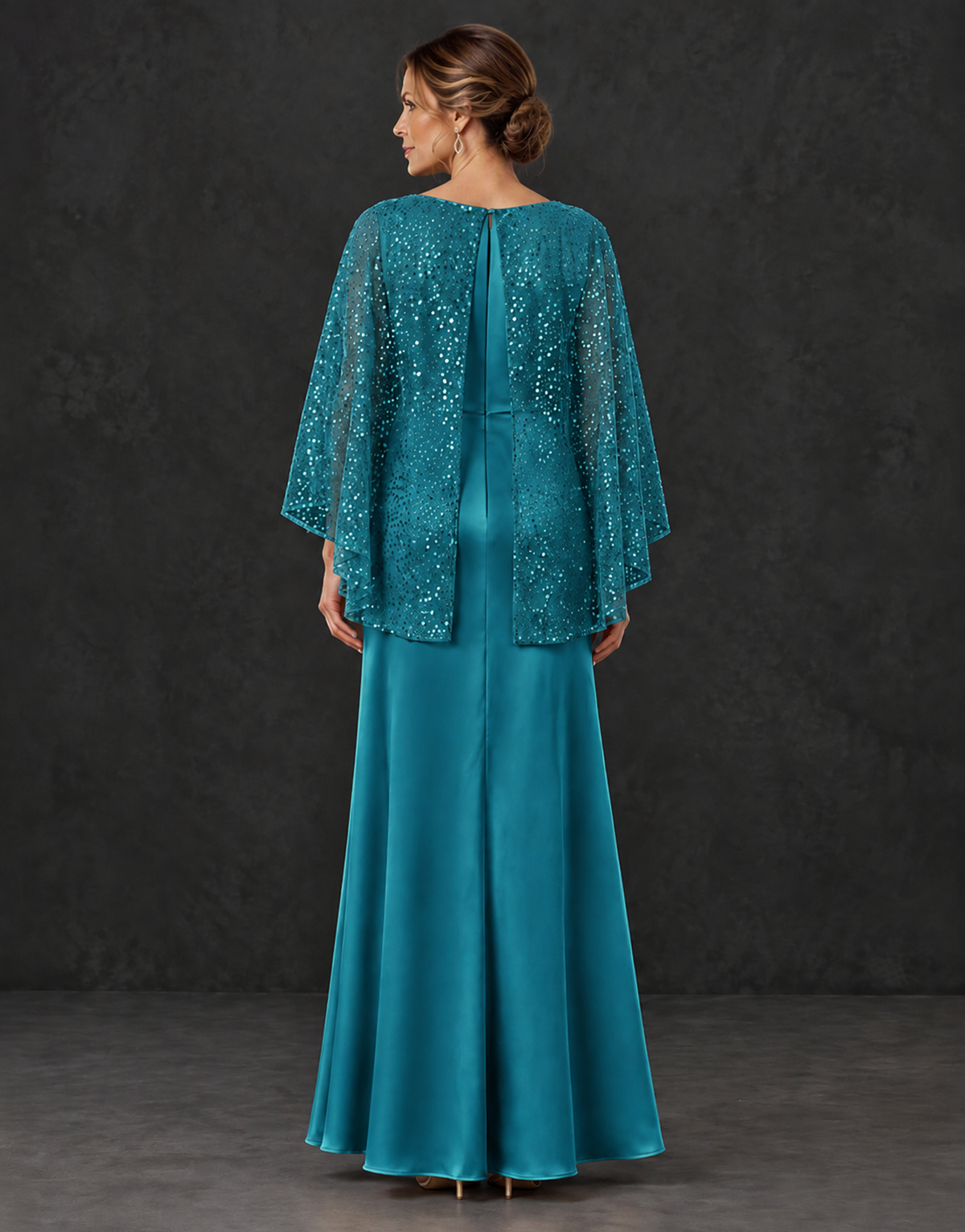 BOLODOO Peacock Sparkle Cape Sleeve Mother of the Bride Dress - Peacock - Peacock_2