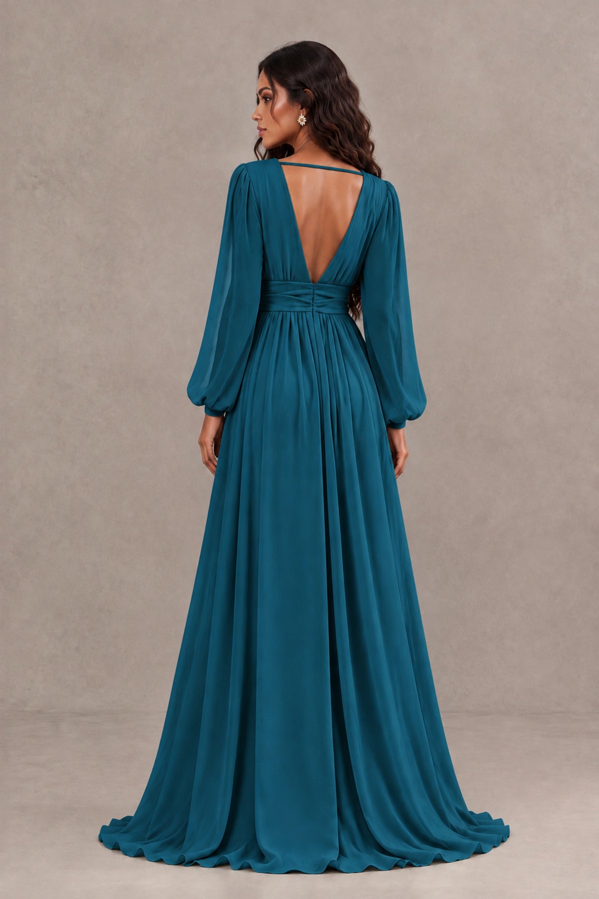 BOLODOO Peacock Long Sleeve V-Neck A-Line Gown with Open Back & Slit - Peacock - Peacock_2