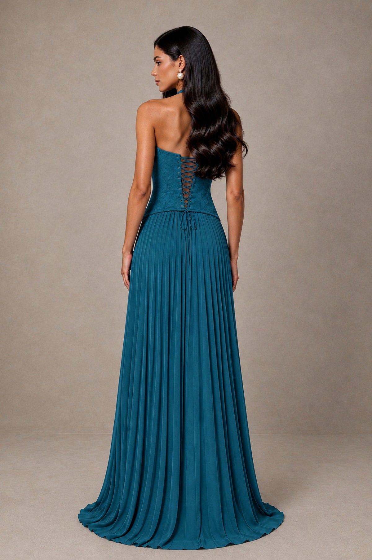 BOLODOO Peacock Halter Corset Pleated A-Line Evening Dress - Peacock - Peacock_2